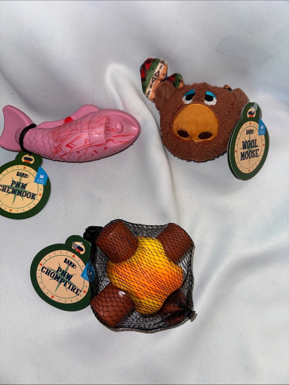 Bark Outdoors Dog Bundle Pink Salmon Fish, Brown Wool Moose & Campfire Dogs Toys